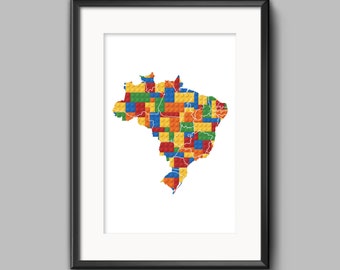 Printable Building Block Brazil Map Print, Building Block Decor, Building Block Inspired Nursery Wall Art, Brasil Map Decor Poster