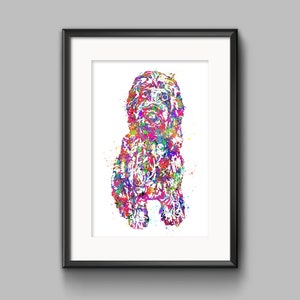 May include: A framed art print featuring a colorful watercolor illustration of a dog. The dog is depicted in a sitting position, with a vibrant mix of colors including pink, blue, green, and yellow. The artwork is set against a white background.