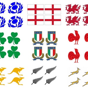 Könnte beinhalten: Ein Set mit 10 Bügelbildern mit Rugby-Teamlogos. Die Logos umfassen Schottland, England, Wales, Irland, Italien, Frankreich, Australien, Neuseeland und Südafrika.