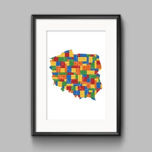 Wydrukuj mapę Polski z klocków budowlanych, wystrój klocków budowlanych, sztuka ścienna do pokoju dziecięcego inspirowana klockami budowlanymi, plakat dekoracyjny z mapą Polski