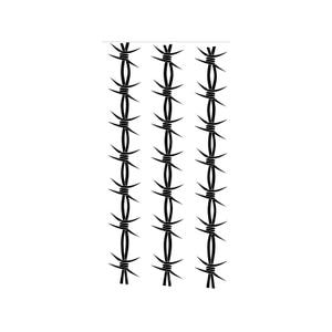 May include: Black and white illustration of three strands of barbed wire.