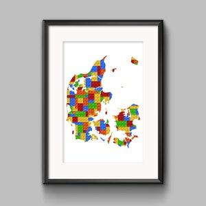 Wydrukowana mapa Danii z klocków budowlanych, dekoracja z klocków budowlanych, sztuka ścienna do pokoju dziecięcego inspirowana klockami budowlanymi, plakat dekoracyjny z mapą Danii