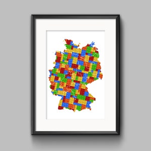 Wydrukowana mapa Niemiec z klocków budowlanych, dekoracja z klocków budowlanych, sztuka ścienna do pokoju dziecięcego inspirowana klockami budowlanymi, plakat dekoracyjny z mapą Niemiec