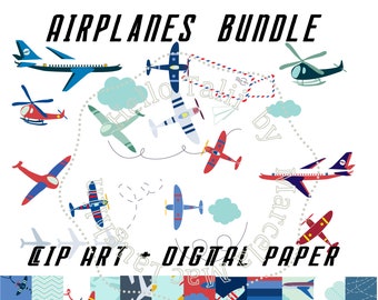 AIRPLANE BUNDLE Clip Art + Digital Paper- Airplane Birthday Graphics Plane Air Mail Flight Travel Retro Airplanes Boeing in Colors Blue Red