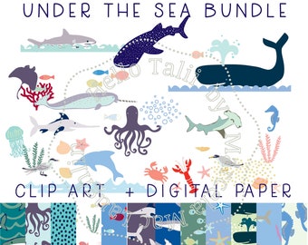 OCEAN BUNDLE Clip art + Digital Paper- Under the Sea Life Graphics Ocean Creatures Shark Whale Narwhal Octopus Seahorse Starfish Marine Life