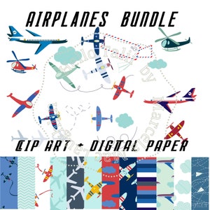 AIRPLANE BUNDLE Clip Art + Digital Paper- Airplane Birthday Graphics Plane Air Mail Flight Travel Retro Airplanes Boeing in Colors Blue Red