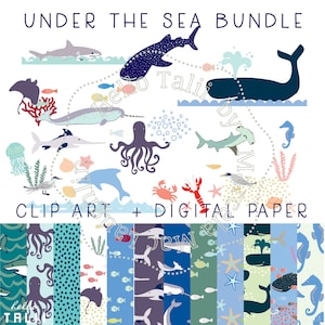OCEAN BUNDLE Clip art + Digital Paper- Under the Sea Life Graphics Ocean Creatures Shark Whale Narwhal Octopus Seahorse Starfish Marine Life