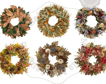 THANKSGIVING Wreath Clip Art- FALL Realistic Wreaths and Garlands Autumn Leaves Flowers and Pumpkins Round Wreaths Clipart Door Decor Cards