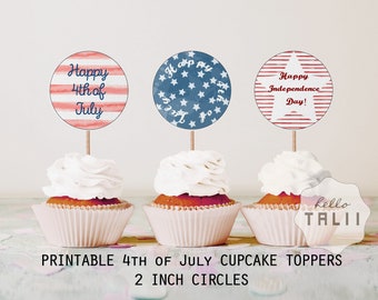 HAPPY 4th of JULY Cupcake Toppers- Printable Collage Sheets- 2 inch circle Watercolor Independence Day Picnic Decor Stars and Stripes
