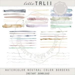 WATECOLOR NEUTRAL BORDERS Clip Art 45 Handpainted Borders Thick Thin and Wavy Brushstrokes in neutral and pastel colors for weddings cards image 1