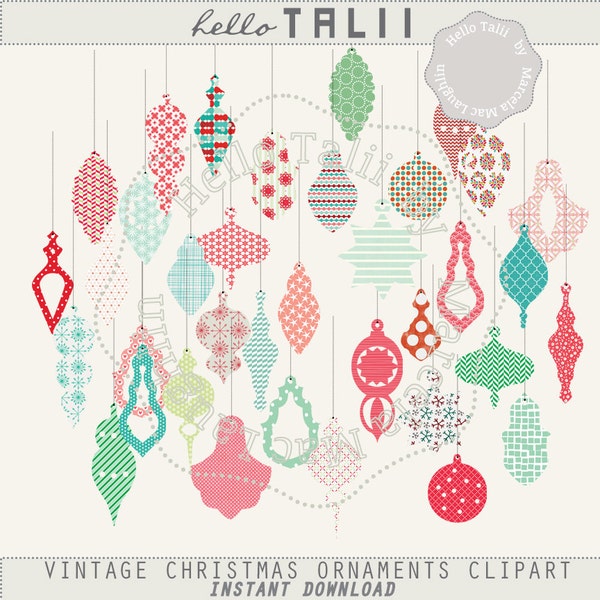 Christmas Ornaments CLIPART- Tree Decorations Stars Balls Baubles Lights Vintage Holiday backgrounds Digital Christmas Decor Cards Tag