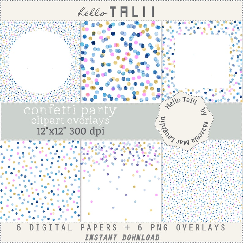 BLUE Watercolor GOLD and PINK Polka Dots Clipart Overlays 6 - Etsy
