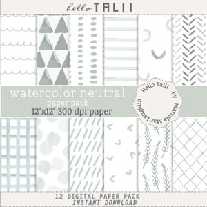 May include: A set of 12 digital paper patterns in a watercolor style with a neutral color palette. The patterns include waves, mountains, dots, stripes, abstract shapes, arrows, leaves, and a grid. The papers are 12 inches by 12 inches and 300 dpi.