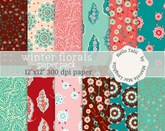 Winter Flowers Digital Paper WINTER FLORALS Patterns- Christmas Floral Backgrounds Red Green Flower Decor Xmas Papers Winter colors