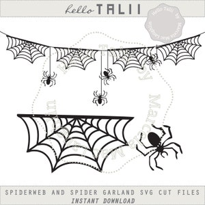 May include: Black and white digital cut files for a spiderweb and spider garland. The garland features a string of spiderwebs with a spider hanging from each one. The spiderweb is a single web with a spider on the side.