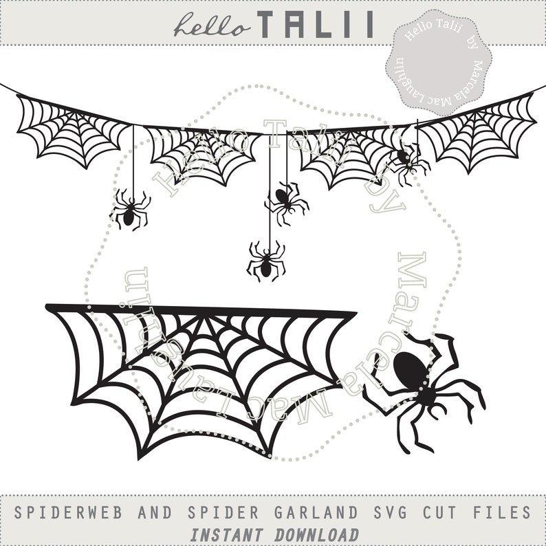 May include: Black and white digital cut files for a spiderweb and spider garland. The garland features a string of spiderwebs with a spider hanging from each one. The spiderweb is a single web with a spider on the side.