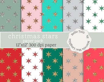 CHRISTMAS STARS Digital Paper- Glitter stars on Holidays colors Backgrounds with GOLD Rose gold Silver sparkles for Christmas Cards Gifts