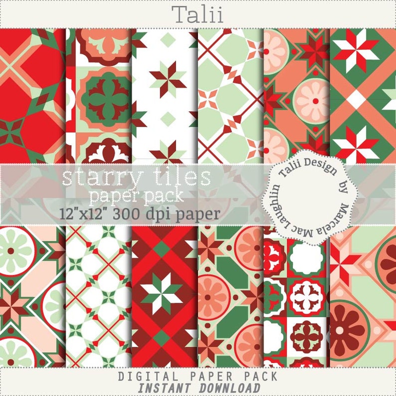 Christmas Digital Paper CHRISTMAS Tiles- Moroccan mosaics backgrounds Holiday colors with Stars Flowers Cards tags gift wrapping paper 