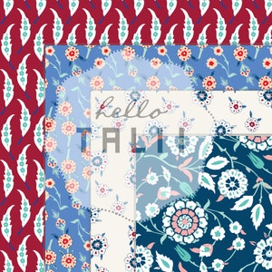 May include: Four different floral patterns in red, blue, and white. The patterns are layered on top of each other, with the text "hello fall" in the center.
