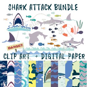 May include: A digital art bundle featuring shark illustrations, fish, and ocean waves in blue, grey, and orange. The design includes the text "SHARK ATTACK BUNDLE" and "CLIP ART + DIGITAL PAPER".