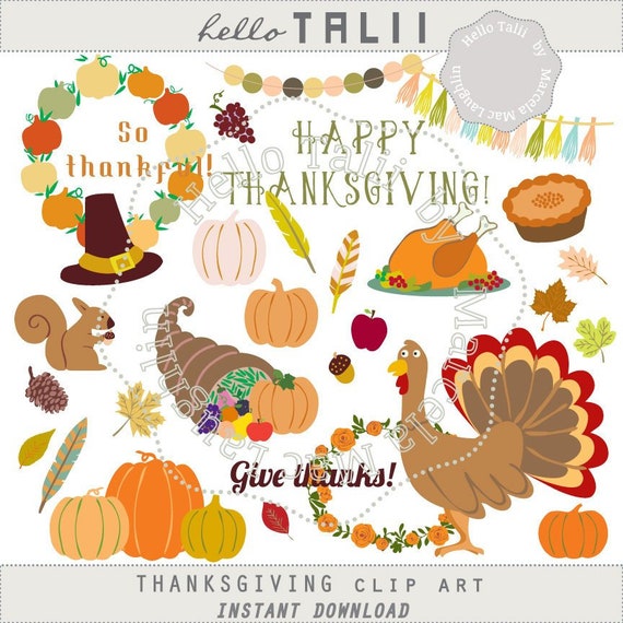 Happy Thanksgiving Clip Art Decor Wreaths Turkey Pumpkin Pie Harvest Banners Pilgrims Give Thanks
