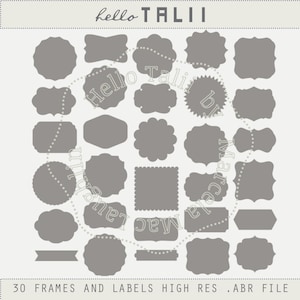 Op de afbeelding: Een verzameling van 30 grijze frames en labels in diverse vormen, waaronder cirkels, rechthoeken en geschulpte randen. De tekst "hello TALII" staat bovenaan, met "30 FRAMES AND LABELS HIGH RES .ABR FILE" onderaan.