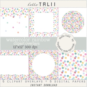 Pastel RAINBOW DOTS Clipart Overlays- Rainbow BUBBLES Confetti Watercolor Overlays + Digital Papers- Dot Frames Borders x instagram pictures