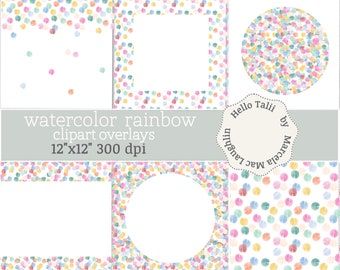 Pastel RAINBOW DOTS Clipart Overlays- Rainbow BUBBLES Confetti Watercolor Overlays + Digital Papers- Dot Frames Borders x instagram pictures