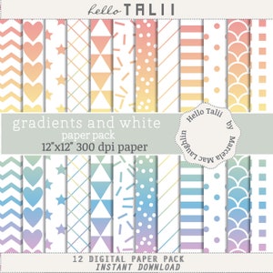 May include: A digital paper pack with 12 sheets showcasing gradient and white patterns. Designs include hearts, stars, chevrons, triangles, stripes, and dots. Each sheet is 30.48cm x 30.48cm and 300 dpi. The text "gradients and white paper pack" is displayed.