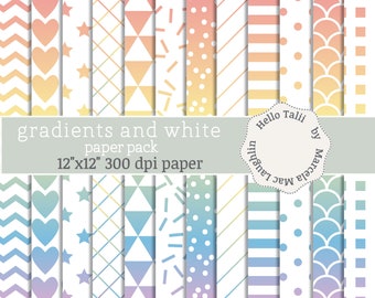 RAINBOW GRADIENT Digital Paper- Soft Pastel Multicolor Gradients + White Patterns Sprinkles Stars Hearts Dots Confetti for baby shower cards