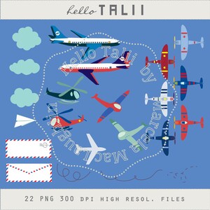 Puede incluir: Un conjunto de 22 im&aacute;genes de clipart digitales que presentan varios aviones, helic&oacute;pteros y sobres en un fondo azul. El texto "hello TALI by marcia lustig" est&aacute; escrito en un c&iacute;rculo alrededor de las im&aacute;genes.
