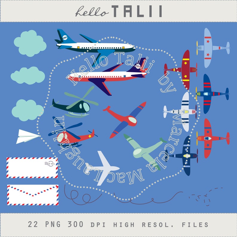 Puede incluir: Un conjunto de 22 im&aacute;genes de clipart digitales que presentan varios aviones, helic&oacute;pteros y sobres en un fondo azul. El texto "hello TALI by marcia lustig" est&aacute; escrito en un c&iacute;rculo alrededor de las im&aacute;genes.