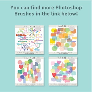 Op de afbeelding: Vier digitale kunstproductcovers met de tekst "hello TALII" en productbeschrijvingen. De producten omvatten Photoshop-penselen voor pijlen, frames, tags en tekstballonnen. De tekst "You can find more Photoshop Brushes in the link below!" staat bovenaan.