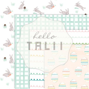 May include: A digital paper pack with four different patterns. The patterns include a light blue gingham, a white background with colorful wavy lines, a white background with pink scalloped edges, and a peach background with colorful eggs.