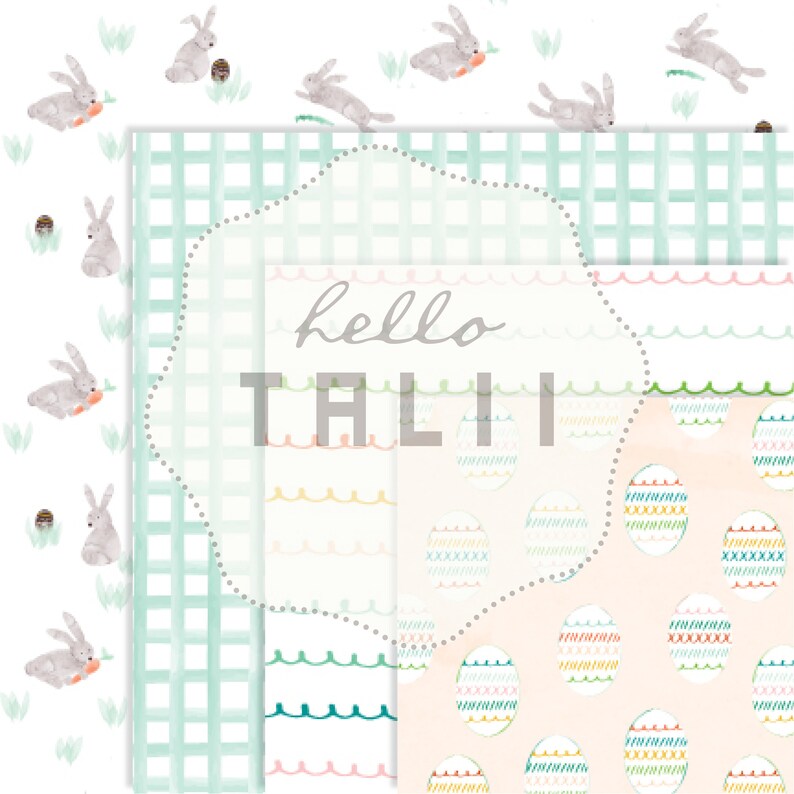 May include: A digital paper pack with four different patterns. The patterns include a light blue gingham, a white background with colorful wavy lines, a white background with pink scalloped edges, and a peach background with colorful eggs.