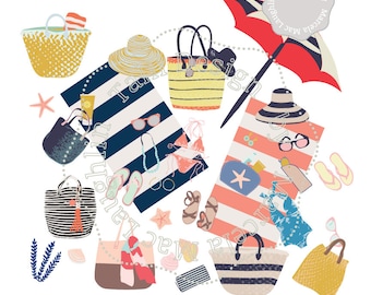 Girls Summer CLIP Art- Spring Break Digital Paper Straw hats tote bags bikinis swinsuits sunglasses sandals flip flops beach summer graphics