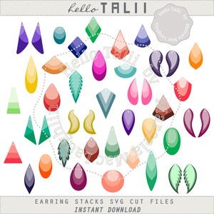 Könnte beinhalten: Ein Set mit 20 bunten Ohrring-Designs im SVG-Format zum Ausschneiden. Die Designs umfassen geometrische Formen, Tropfen, Federn und Flügel. Der Text "Hello Talli" ist im Bild sichtbar.