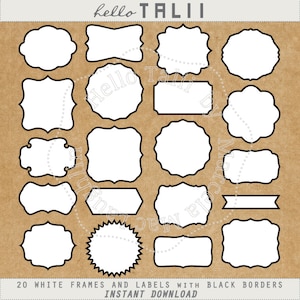 White Labels Clipart WHITE DIGITAL Frames with BLACK Border Clip Art 20 vintage labels tags banners square frames scalloped circles wedding image 1