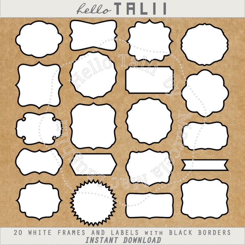 White Labels Clipart WHITE DIGITAL Frames with BLACK Border Clip Art 20 vintage labels tags banners square frames scalloped circles wedding image 1