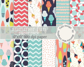 Summer Digital Paper SUMMER Fun Patterns- Surfboards ice cream cones waves life saver kites paper digital retro beach scrapbook backgrounds