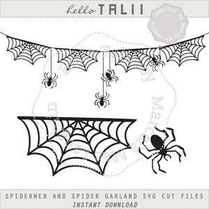 May include: Black and white digital cut files for a spiderweb and spider garland. The garland features a string of spiderwebs with a spider hanging from each one. The spiderweb is a single web with a spider on the side.