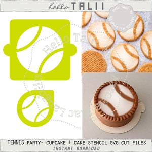 May include: A lime green tennis ball stencil design with a square and rounded shape. The image also shows tennis ball-shaped cookies and a cake decorated with a tennis ball design. Text reads "Hello Talii" and "Tennis Party - Cupcake + Cake Stencil SVG Cut Files".