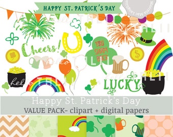 ST PATRICK'S Day BUNDLE Clipart + Digital Papers- Happy St Pat's Day Bundle with St Patricks Graphics Clover Shamrock Rainbow Irish Flags