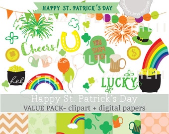 ST PATRICK&#39;S Day BUNDLE Clipart + Digital Papers- Happy St Pat&#39;s Day Bundle with St Patricks Graphics Clover Shamrock Rainbow Irish Flags