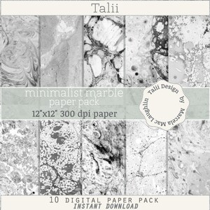 Pu&ograve; includere: Un pacchetto di carta digitale con dieci diversi design minimalisti in marmo nei toni del grigio e del nero. Il pacchetto include carta da 12"x12" (30,48 cm x 30,48 cm) a 300 dpi. Il testo sull'immagine recita "Talii" e "minimalist marble paper pack".