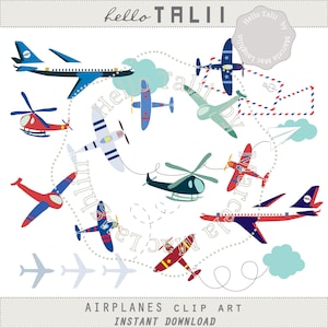 AIRPLANE CLIPART- Airplane birthday Helicopter Planes Travel Flight Digital Clip Art Biplane Boeing Air Mail Envelopes for Nursery Decor