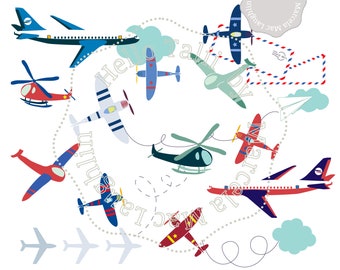 AIRPLANE CLIPART- Airplane birthday Helicopter Planes Travel Flight Digital Clip Art Biplane Boeing Air Mail Envelopes for Nursery Decor