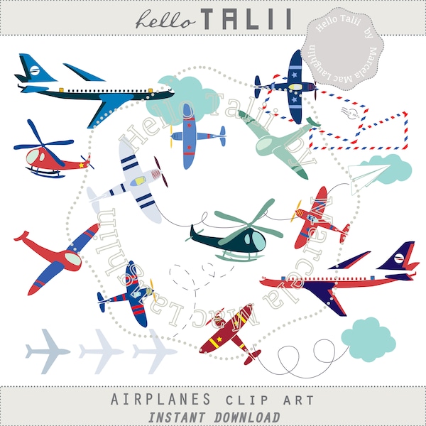 AIRPLANE CLIPART- Airplane birthday Helicopter Planes Travel Flight Digital Clip Art Biplane Boeing Air Mail Envelopes for Nursery Decor