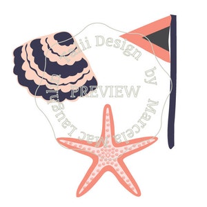 May include: A pink and blue seashell, a pink starfish, and a pink and gray flag with the text "Talii Design by Marcela" in a circle.