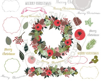 Christmas Wreath Clip Art- CHRISTMAS Clipart Garland frames leaves pinecones Holiday fruit gold silver Merry Xmas phrases DIY cards